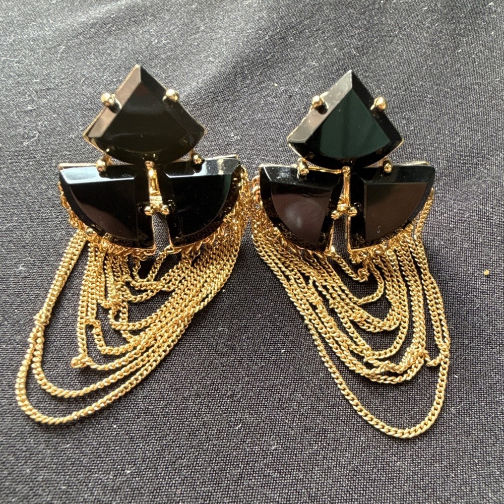 Monet Signed Gold Tone Black Chain Fringe Chandelier Clip-On Dangle Earrings